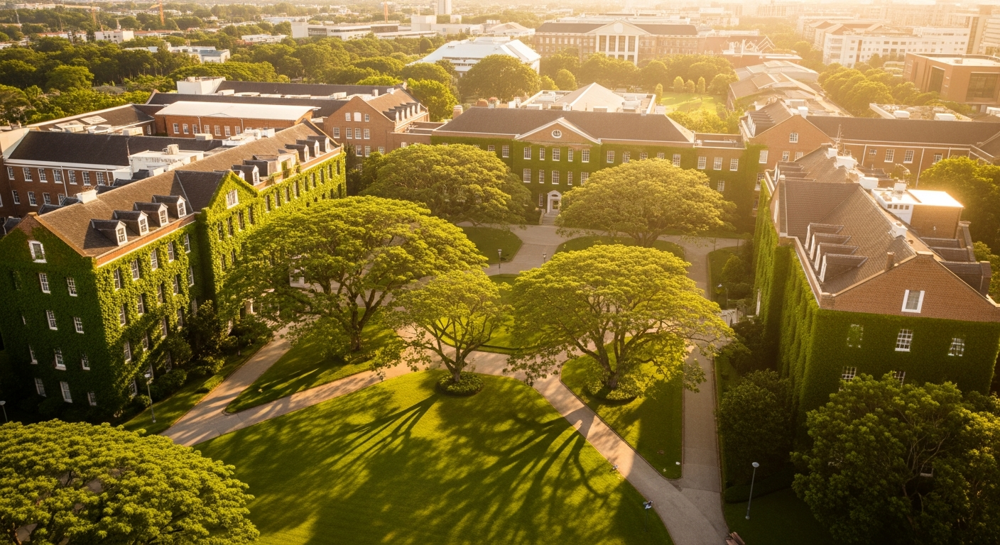 Aerial view of the K. M. Medical College campus quadrangle