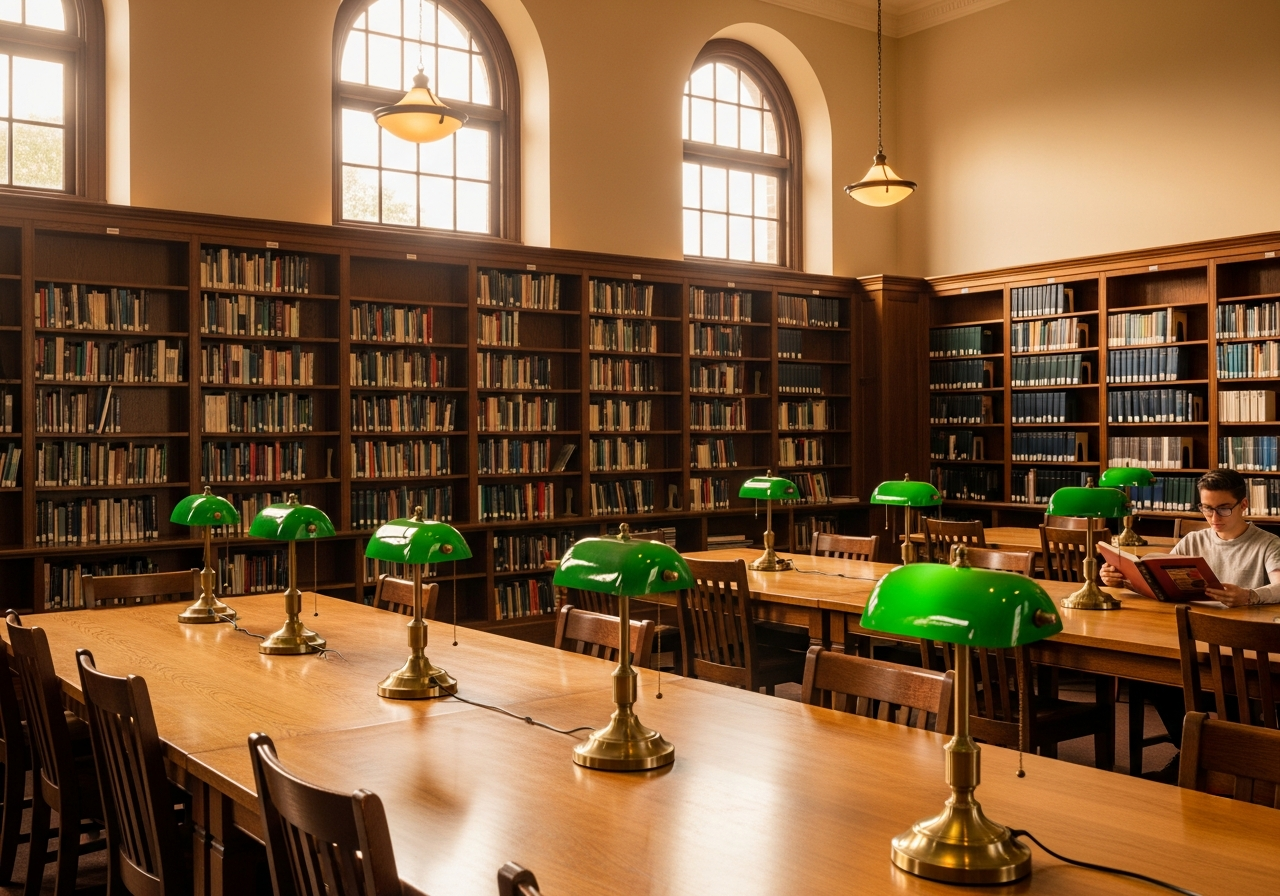 K. M. Medical College library reading room with arched windows and walnut shelving
